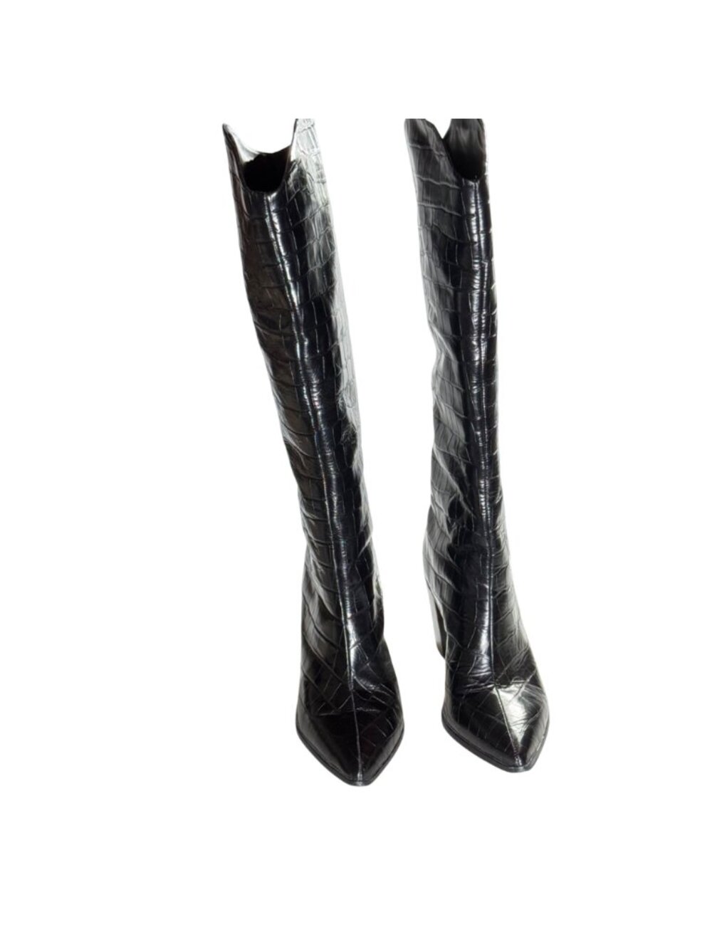Schutz Mariana Black Crocodile-Embossed Leather Knee-High Black Boots 9.5B - Picture 5 of 14